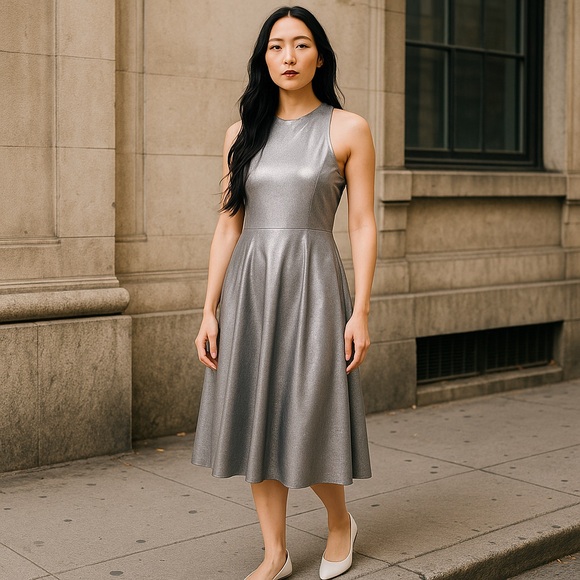 NWT H By Halston Metallic Faux Suede Dress Gunmetal, Size 8 - Picture 15 of 15